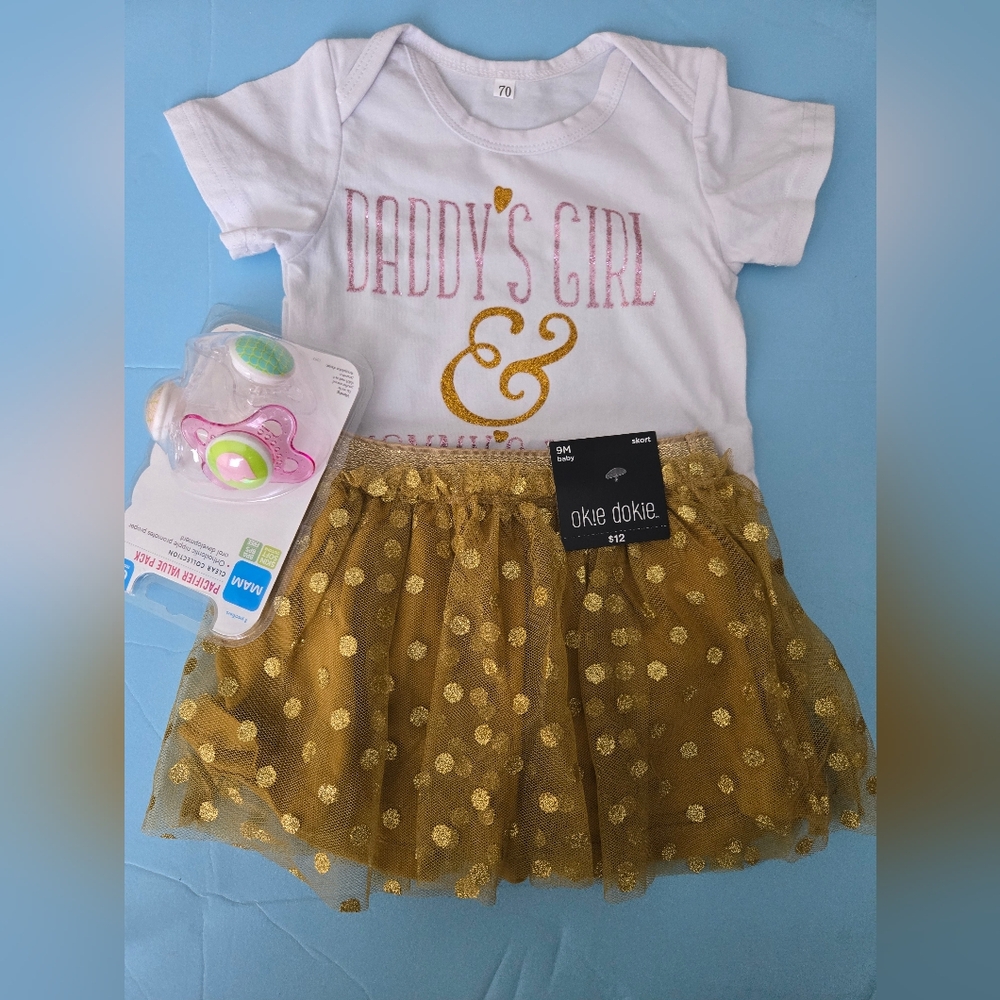 Bundle Of 3, For Baby Girl,Gold Polka Dot Tutu Skirt and White Tee And Pacifier
